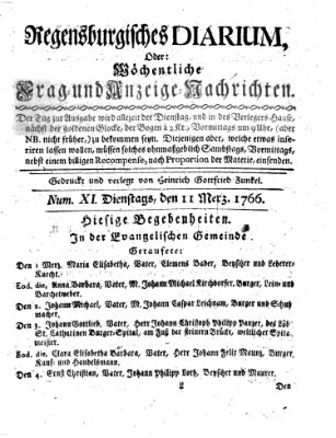 Regensburgisches Diarium oder wöchentliche Frag- und Anzeige-Nachrichten (Regensburger Wochenblatt) Dienstag 11. März 1766