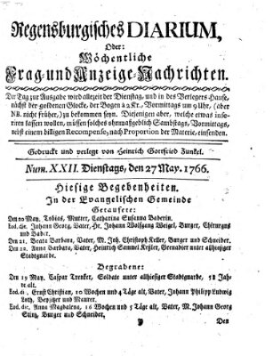 Regensburgisches Diarium oder wöchentliche Frag- und Anzeige-Nachrichten (Regensburger Wochenblatt) Dienstag 27. Mai 1766