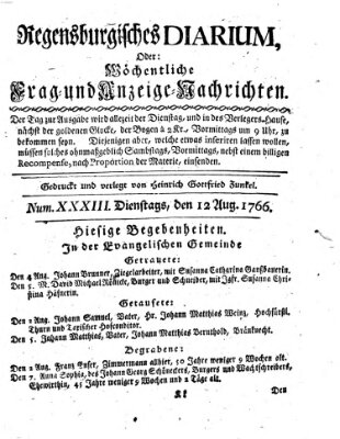 Regensburgisches Diarium oder wöchentliche Frag- und Anzeige-Nachrichten (Regensburger Wochenblatt) Dienstag 12. August 1766