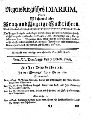 Regensburgisches Diarium oder wöchentliche Frag- und Anzeige-Nachrichten (Regensburger Wochenblatt) Dienstag 7. Oktober 1766