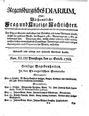 Regensburgisches Diarium oder wöchentliche Frag- und Anzeige-Nachrichten (Regensburger Wochenblatt) Dienstag 21. Oktober 1766