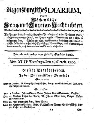 Regensburgisches Diarium oder wöchentliche Frag- und Anzeige-Nachrichten (Regensburger Wochenblatt) Dienstag 28. Oktober 1766