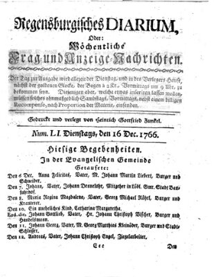 Regensburgisches Diarium oder wöchentliche Frag- und Anzeige-Nachrichten (Regensburger Wochenblatt) Dienstag 16. Dezember 1766