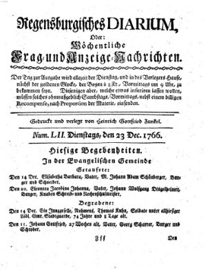 Regensburgisches Diarium oder wöchentliche Frag- und Anzeige-Nachrichten (Regensburger Wochenblatt) Dienstag 23. Dezember 1766