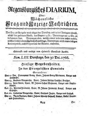 Regensburgisches Diarium oder wöchentliche Frag- und Anzeige-Nachrichten (Regensburger Wochenblatt) Dienstag 30. Dezember 1766