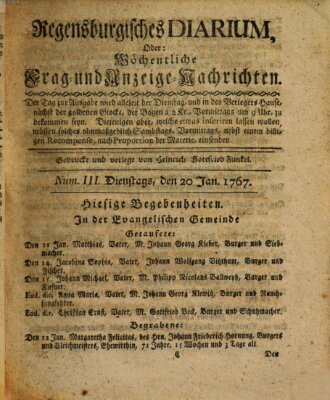 Regensburgisches Diarium oder wöchentliche Frag- und Anzeige-Nachrichten (Regensburger Wochenblatt) Dienstag 20. Januar 1767