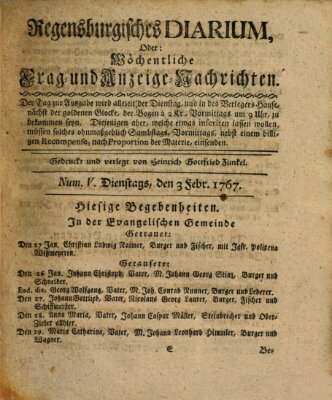 Regensburgisches Diarium oder wöchentliche Frag- und Anzeige-Nachrichten (Regensburger Wochenblatt) Dienstag 3. Februar 1767