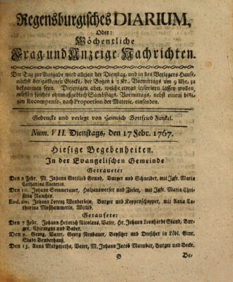 Regensburgisches Diarium oder wöchentliche Frag- und Anzeige-Nachrichten (Regensburger Wochenblatt) Dienstag 17. Februar 1767