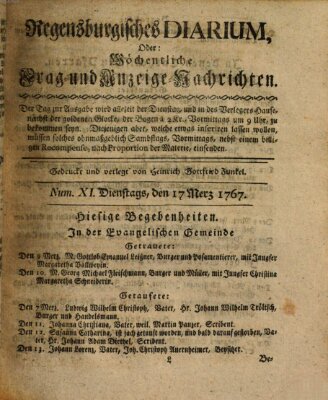 Regensburgisches Diarium oder wöchentliche Frag- und Anzeige-Nachrichten (Regensburger Wochenblatt) Dienstag 17. März 1767