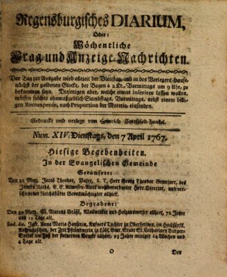 Regensburgisches Diarium oder wöchentliche Frag- und Anzeige-Nachrichten (Regensburger Wochenblatt) Dienstag 7. April 1767