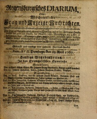 Regensburgisches Diarium oder wöchentliche Frag- und Anzeige-Nachrichten (Regensburger Wochenblatt) Dienstag 28. April 1767