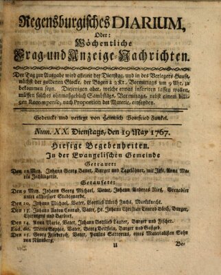 Regensburgisches Diarium oder wöchentliche Frag- und Anzeige-Nachrichten (Regensburger Wochenblatt) Dienstag 19. Mai 1767