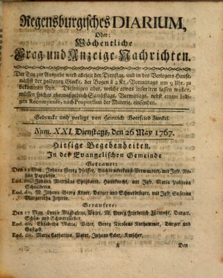 Regensburgisches Diarium oder wöchentliche Frag- und Anzeige-Nachrichten (Regensburger Wochenblatt) Dienstag 26. Mai 1767