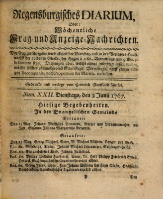 Regensburgisches Diarium oder wöchentliche Frag- und Anzeige-Nachrichten (Regensburger Wochenblatt) Dienstag 2. Juni 1767