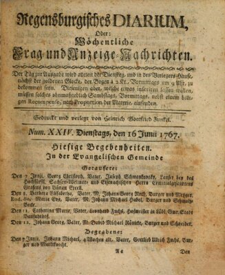 Regensburgisches Diarium oder wöchentliche Frag- und Anzeige-Nachrichten (Regensburger Wochenblatt) Dienstag 16. Juni 1767