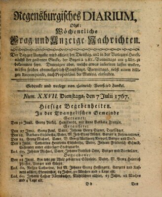 Regensburgisches Diarium oder wöchentliche Frag- und Anzeige-Nachrichten (Regensburger Wochenblatt) Tuesday 7. July 1767
