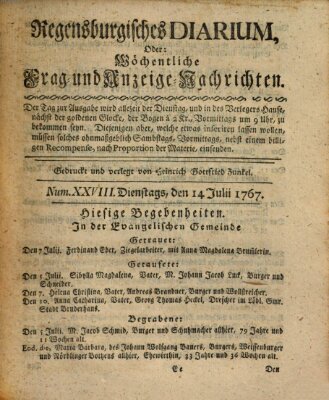 Regensburgisches Diarium oder wöchentliche Frag- und Anzeige-Nachrichten (Regensburger Wochenblatt) Dienstag 14. Juli 1767