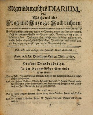 Regensburgisches Diarium oder wöchentliche Frag- und Anzeige-Nachrichten (Regensburger Wochenblatt) Dienstag 21. Juli 1767