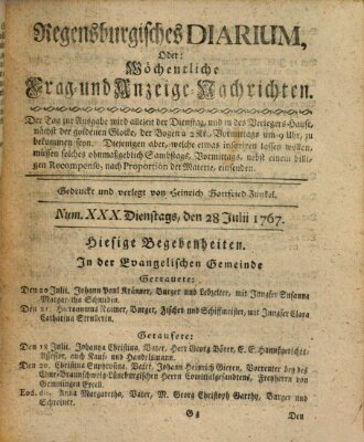 Regensburgisches Diarium oder wöchentliche Frag- und Anzeige-Nachrichten (Regensburger Wochenblatt) Dienstag 28. Juli 1767