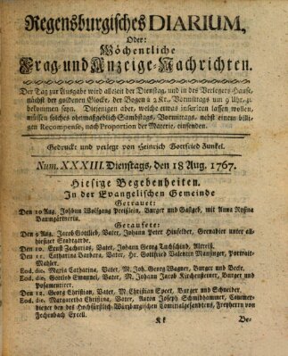 Regensburgisches Diarium oder wöchentliche Frag- und Anzeige-Nachrichten (Regensburger Wochenblatt) Dienstag 18. August 1767