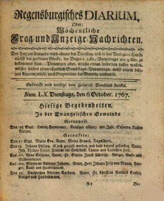 Regensburgisches Diarium oder wöchentliche Frag- und Anzeige-Nachrichten (Regensburger Wochenblatt) Dienstag 6. Oktober 1767