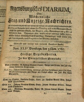 Regensburgisches Diarium oder wöchentliche Frag- und Anzeige-Nachrichten (Regensburger Wochenblatt) Dienstag 3. November 1767