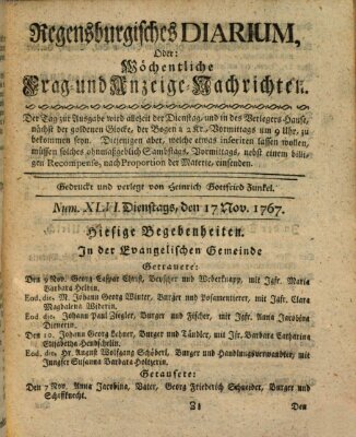 Regensburgisches Diarium oder wöchentliche Frag- und Anzeige-Nachrichten (Regensburger Wochenblatt) Dienstag 17. November 1767