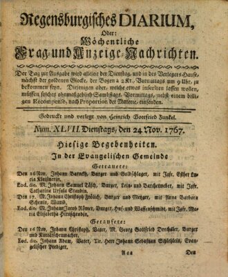 Regensburgisches Diarium oder wöchentliche Frag- und Anzeige-Nachrichten (Regensburger Wochenblatt) Dienstag 24. November 1767