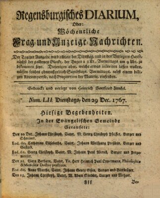 Regensburgisches Diarium oder wöchentliche Frag- und Anzeige-Nachrichten (Regensburger Wochenblatt) Dienstag 29. Dezember 1767