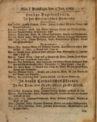 Regensburgisches Diarium oder wöchentliche Frag- und Anzeige-Nachrichten (Regensburger Wochenblatt) Dienstag 5. Januar 1768