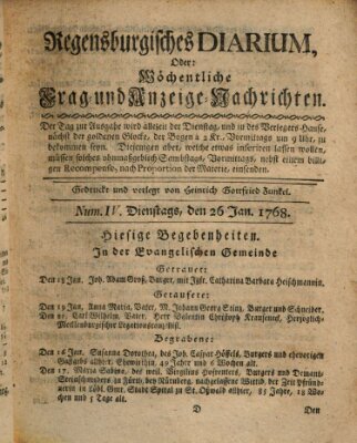 Regensburgisches Diarium oder wöchentliche Frag- und Anzeige-Nachrichten (Regensburger Wochenblatt) Dienstag 26. Januar 1768