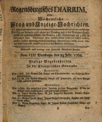 Regensburgisches Diarium oder wöchentliche Frag- und Anzeige-Nachrichten (Regensburger Wochenblatt) Dienstag 23. Februar 1768