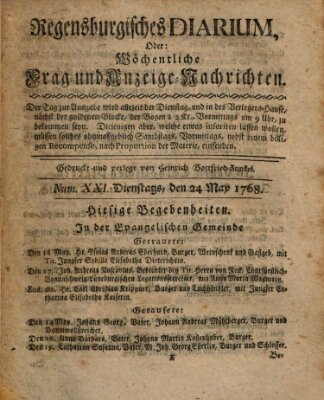 Regensburgisches Diarium oder wöchentliche Frag- und Anzeige-Nachrichten (Regensburger Wochenblatt) Dienstag 24. Mai 1768