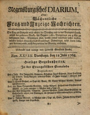 Regensburgisches Diarium oder wöchentliche Frag- und Anzeige-Nachrichten (Regensburger Wochenblatt) Dienstag 12. Juli 1768