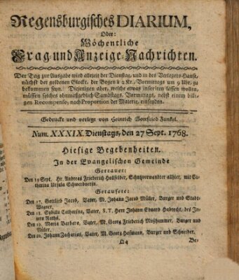 Regensburgisches Diarium oder wöchentliche Frag- und Anzeige-Nachrichten (Regensburger Wochenblatt) Dienstag 27. September 1768