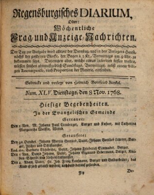 Regensburgisches Diarium oder wöchentliche Frag- und Anzeige-Nachrichten (Regensburger Wochenblatt) Dienstag 8. November 1768