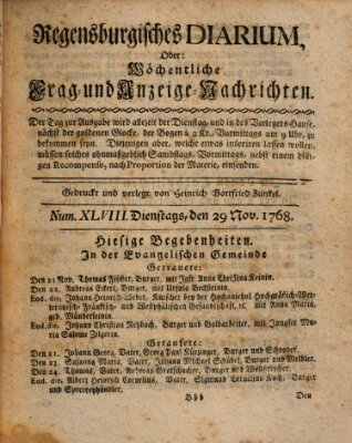 Regensburgisches Diarium oder wöchentliche Frag- und Anzeige-Nachrichten (Regensburger Wochenblatt) Dienstag 29. November 1768