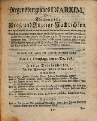 Regensburgisches Diarium oder wöchentliche Frag- und Anzeige-Nachrichten (Regensburger Wochenblatt) Dienstag 20. Dezember 1768