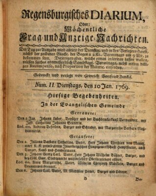 Regensburgisches Diarium oder wöchentliche Frag- und Anzeige-Nachrichten (Regensburger Wochenblatt) Dienstag 10. Januar 1769