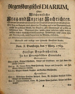 Regensburgisches Diarium oder wöchentliche Frag- und Anzeige-Nachrichten (Regensburger Wochenblatt) Dienstag 7. März 1769