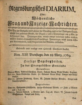 Regensburgisches Diarium oder wöchentliche Frag- und Anzeige-Nachrichten (Regensburger Wochenblatt) Dienstag 28. März 1769