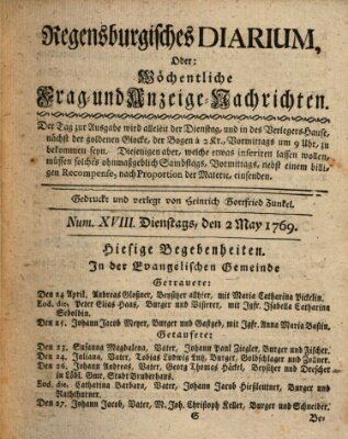 Regensburgisches Diarium oder wöchentliche Frag- und Anzeige-Nachrichten (Regensburger Wochenblatt) Dienstag 2. Mai 1769