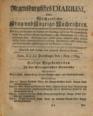 Regensburgisches Diarium oder wöchentliche Frag- und Anzeige-Nachrichten (Regensburger Wochenblatt) Dienstag 1. August 1769