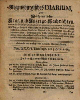 Regensburgisches Diarium oder wöchentliche Frag- und Anzeige-Nachrichten (Regensburger Wochenblatt) Dienstag 5. September 1769