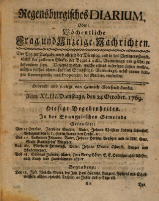 Regensburgisches Diarium oder wöchentliche Frag- und Anzeige-Nachrichten (Regensburger Wochenblatt) Dienstag 24. Oktober 1769