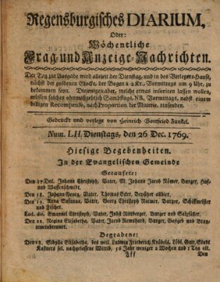 Regensburgisches Diarium oder wöchentliche Frag- und Anzeige-Nachrichten (Regensburger Wochenblatt) Dienstag 26. Dezember 1769