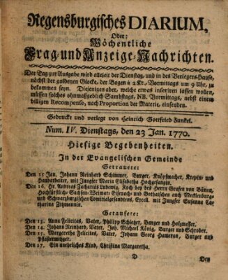 Regensburgisches Diarium oder wöchentliche Frag- und Anzeige-Nachrichten (Regensburger Wochenblatt) Dienstag 23. Januar 1770