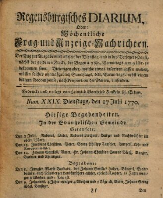 Regensburgisches Diarium oder wöchentliche Frag- und Anzeige-Nachrichten (Regensburger Wochenblatt) Dienstag 17. Juli 1770