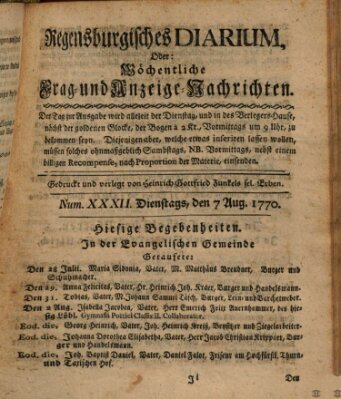 Regensburgisches Diarium oder wöchentliche Frag- und Anzeige-Nachrichten (Regensburger Wochenblatt) Dienstag 7. August 1770