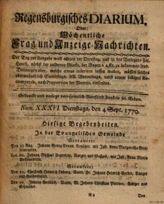 Regensburgisches Diarium oder wöchentliche Frag- und Anzeige-Nachrichten (Regensburger Wochenblatt) Dienstag 4. September 1770